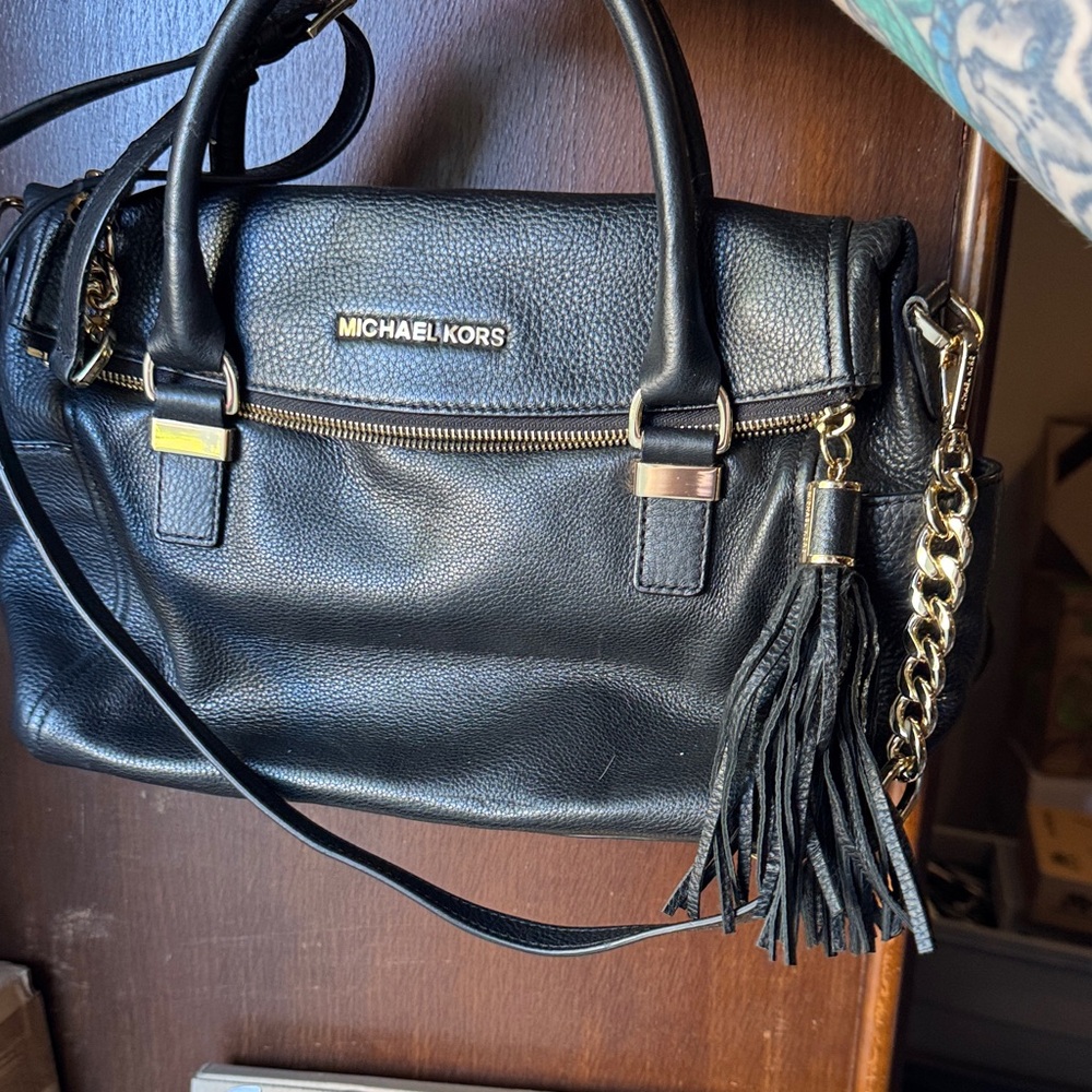 Michael Kors Black Leather Satchel with Gold Accents